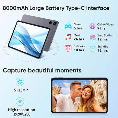 TenYide 10.1 Inch Android Tablet For Kids, 128GB/256GB Storage, Supports Learning Apps, Video Calls, E-Books, Movies/Videos, Dual SIM, Bluetooth, GPS, WiFi