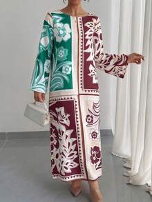 1 pieza Vestido largo holgado, ligero y transpirable con cuello redondo, estampado floral y manga larga para mujer, adecuado para uso diario, vacaciones, vestido de noche elegante, vestido árabe tradicional para festivales, Año Nuevo y otras festividades de primavera - Café integral - Ver 3