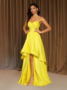 Sexy Yellow V-Neck Criss-Cross Backless Tie-Up Asymmetric Hem Party Evening Dress Wedding - Yellow - View 6