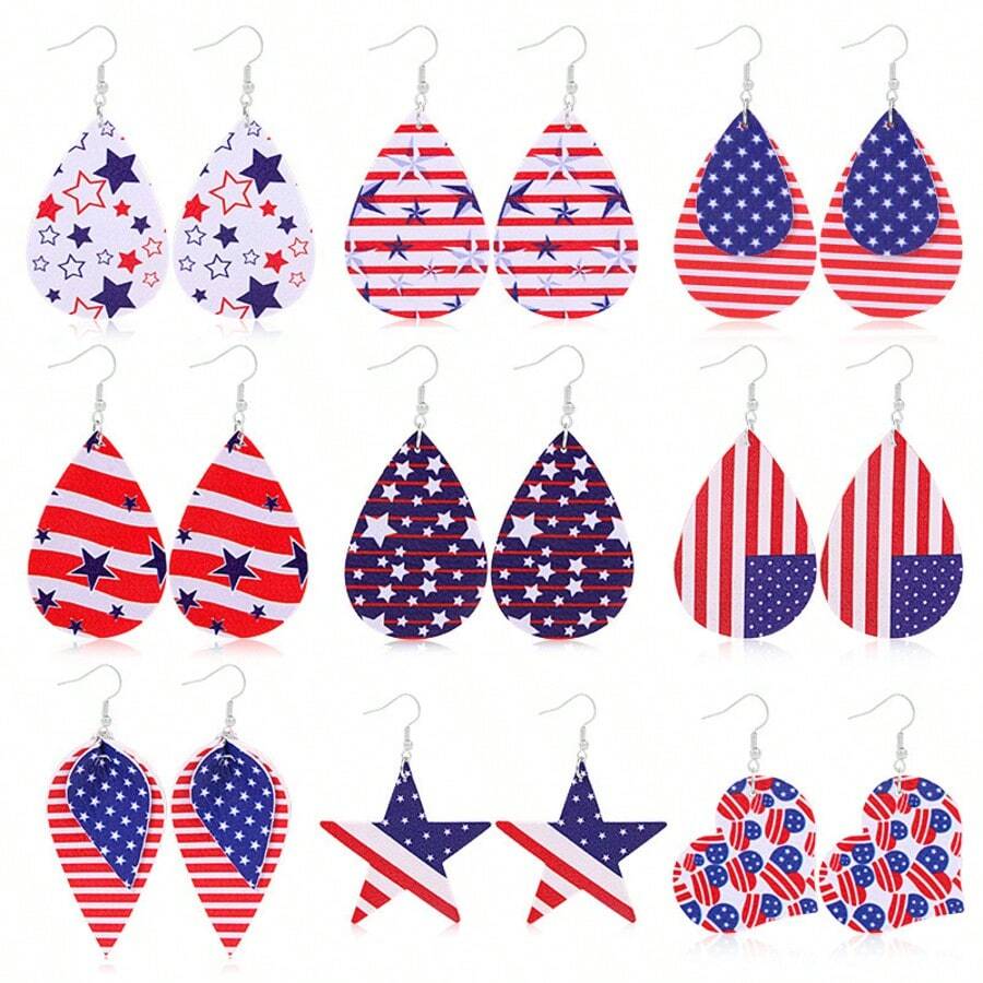 2 pares de pendientes con diseño de bandera estadounidense, pendientes patrióticos del 4 de julio, lindos pendientes colgantes de gota de agua de piel sintética - Multicolor - Ver 1