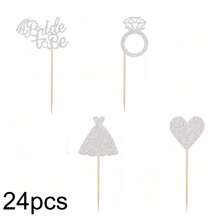10pcs/24pcs/34pcs Gold Glitter Cupcake Toppers - Bride, Ring, Heart And Dress Decorations Suitable For Wedding Party, Engagement Party Decor - Multicolor - View 13