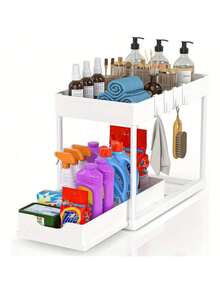 双层滑动式浴室厨房收纳架，带5个挂钩，多功能浴室厨房水槽储物架，可伸缩防潮设计，加厚PP材质，易于安装和清洁 - 彩色 - 查看 9