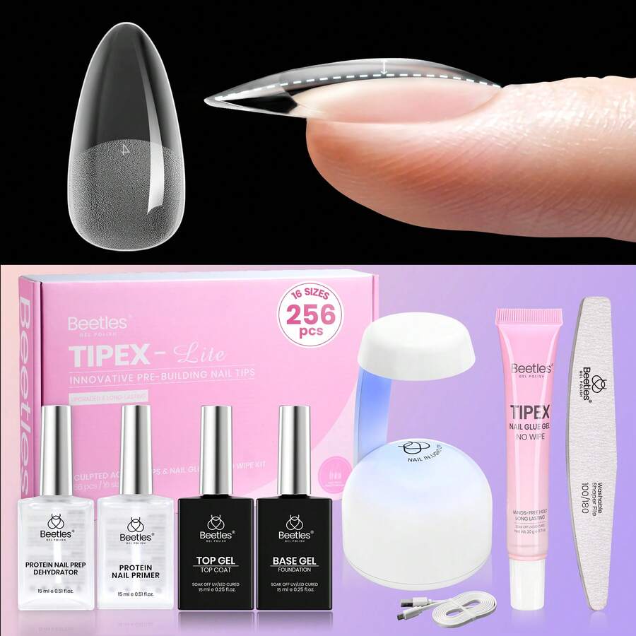 Beetles Tipex Lite Pre-Built Apex Nail Tips Kit, Stiletto Medium, With Tipex Nail Glue, All-In-One Gel Nail Kit - Tipex Lite Kit with Primer-Almond Medium - 查看 1