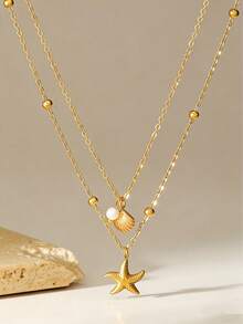 1 chiếc dây chuyền mặt hình sao biển và vỏ sò bằng thép không gỉ mạ vàng 18K, dây đôi, chống thấm nước, trang sức thời trang phù hợp cho nữ giới đeo hàng ngày. - Nhiều màu - Xem 3