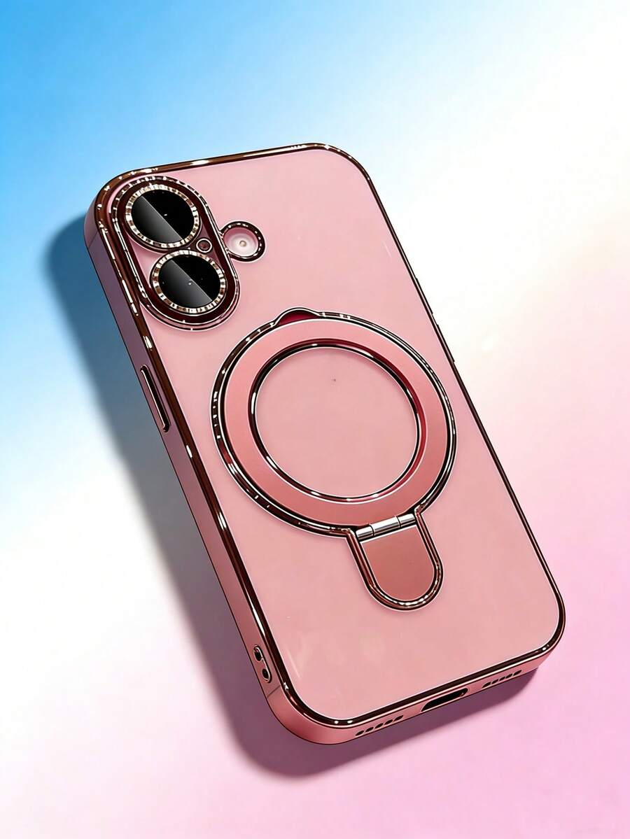 Magnetic Holder Case For IPhone 16 Pro Max, Transparent High-End Case For IPhone 17 New 15 Pro, Lens Film, Full Coverage Anti-Fall Silicone Case For IPhone 14 Plus, 13 Pro Max, 12 Pro, 11, Suitable For Men And Women - Pink - View 1