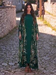Faeriesty Women's Formal 2 Pieces Set: Round Neck Sleeveless Dress With Open Front Batwing Sleeve Cover Up, Suitable For Weddings, Galas And Other Formal Occasions Party - Dark Green - View 5