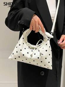 Fashionable Polka Dot Handbag, Women's Multi-Function Shoulder Crossbody Bag, Retro Bow Decor Drawstring Crescent Bag - Multicolor - View 3