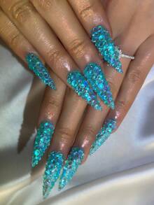 Y2K Luxury Long Pointed Nails, Handmade, Clear Nail Plates, Light Blue Rhinestones, Shiny Full Coverage 3D Design - Full Coverage DIY Shiny Artificial Nails, Elegant, Glamorous, Suitable For Party, Outdoor, Beach, Daily, Holiday, Gathering, Work And Special Occasions - 10pcs/Pack - Multicolor - View 3
