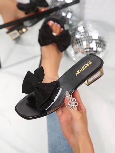 New Arrival Plus Size Women's Simple Comfortable Versatile Square Toe Elegant Bow Flat Low Heel Sandals, Suitable For Party, Vacation, Casual, Beach, Summer