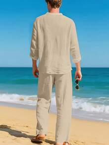 Men's Linen Casual 2 Piece Outfits Long Sleeve Lapel Shirt & Long Pants Set Loose Fit V Neck Tops Breathable Beach Vacation Daily Streetwear Arrival - 卡其色 - 查看 4