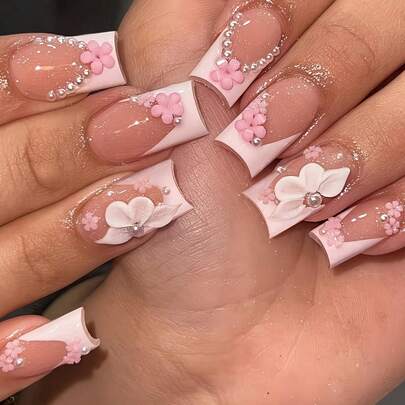 24 Medium-Length Square Press-On Nails With Classic White French Tips, Featuring 3D Floral Designs, Pink Five-Petal Flowers, And White Pearl Acrylic. Adorable Girly False Nails