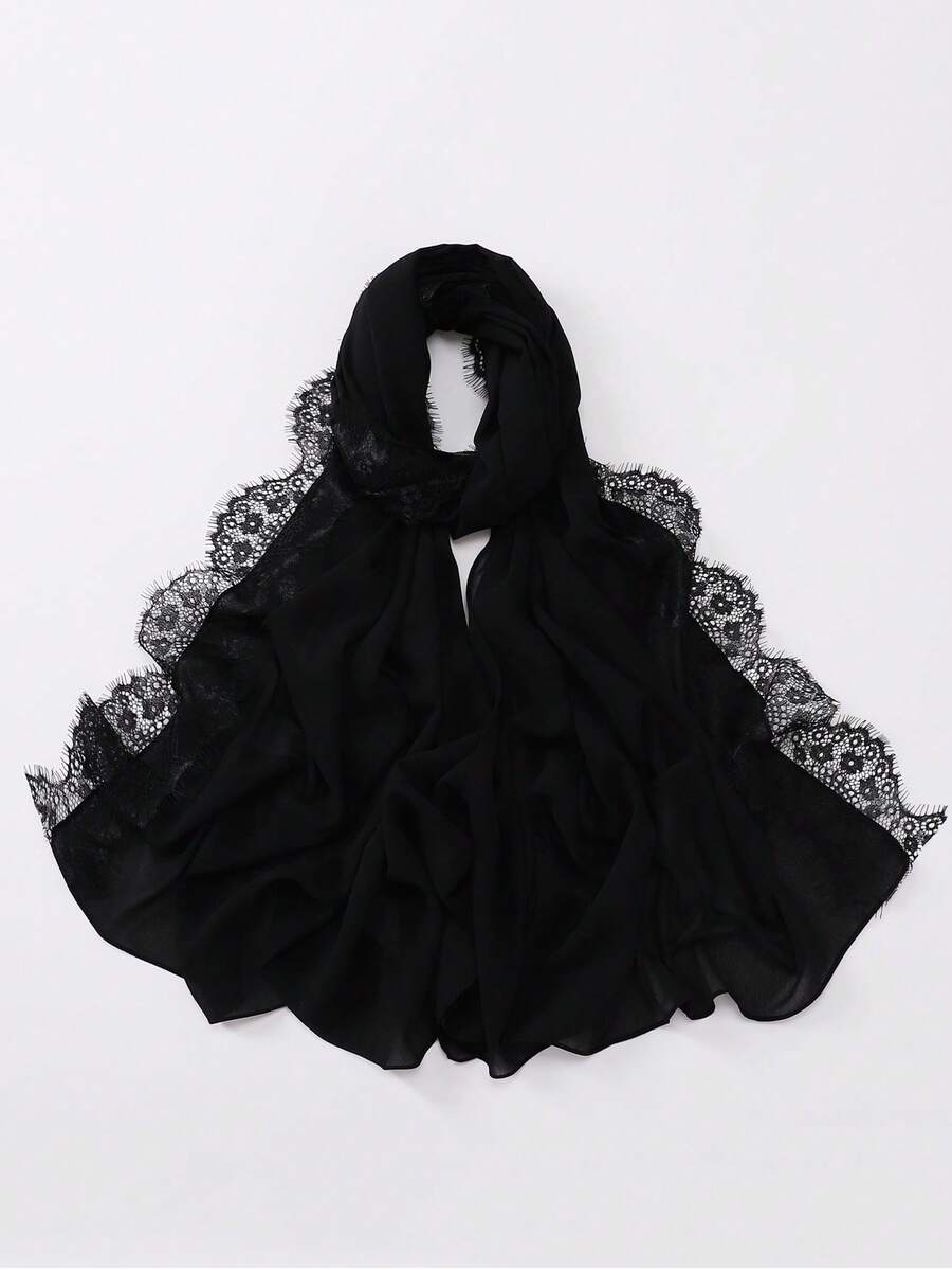 Spring/Summer New Heavy Industry Lace Beaded Splicing Chiffon Scarf Muslim Hijab Shawls - Black - View 1