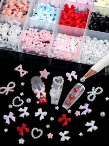 Bộ trang trí móng tay hình nơ bằng nhựa hỗn hợp, phụ kiện trang trí móng 3D, đá quý, nơ nhiều màu sắc dễ thương, hình trái tim, mặt trăng, ngôi sao, ngọc trai kèm dụng cụ gắp, phụ kiện trang trí móng Kawaii, đồ dùng thiết kế móng, phụ kiện trang trí DIY - Nhiều màu - Xem 4