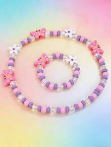 2pcs/Set Butterfly, Flower, Unicorn, Rainbow Wooden Pendant Necklace And Bracelet Jewelry Set, Suitable For Little Girls And Princesses, Daily Wear, Children's Party And Birthday Gift - Multicolor - View 4
