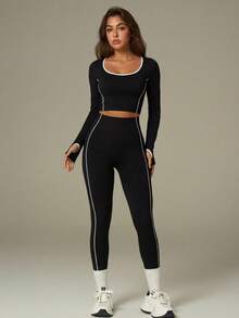 UONNOU Bộ đồ thể thao 2 món dành cho nữ mùa xuân/thu: quần legging xếp ly cạp cao và áo croptop cổ tròn có lỗ xỏ ngón tay, thích hợp tập yoga và thể dục. - màu đen - Xem 6