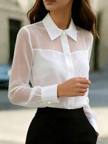 1pc Women's Elegant Mesh Patchwork Blouse, Suitable For Daily Outings, Commuting, Office Wear, And Airport Outfits White Spring - White - View 3