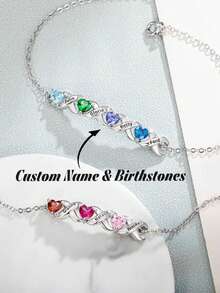 1 chiếc vòng tay khắc tên cá nhân hóa - Mặt dây chuyền hình trái tim khắc đá quý theo tháng sinh - Trang sức tùy chỉnh, Vòng tay bạc khắc tên và đá quý theo tháng sinh: Trang sức gia đình hình trái tim khắc chữ, Quà tặng cho mẹ, Quà tặng Ngày của Mẹ - Nhiều màu - Xem 1