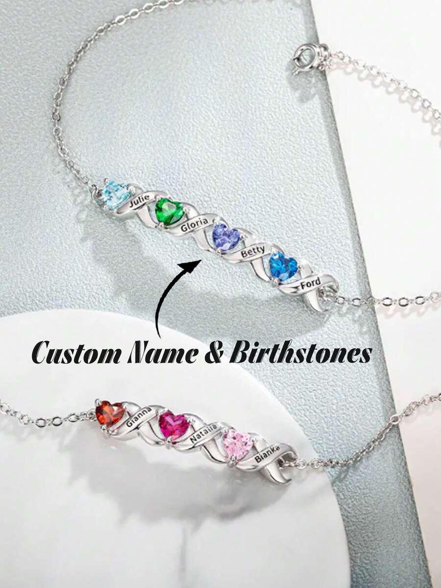 1 chiếc vòng tay khắc tên cá nhân hóa - Mặt dây chuyền hình trái tim khắc đá quý theo tháng sinh - Trang sức tùy chỉnh, Vòng tay bạc khắc tên và đá quý theo tháng sinh: Trang sức gia đình hình trái tim khắc chữ, Quà tặng cho mẹ, Quà tặng Ngày của Mẹ - Nhiều màu - Xem 1