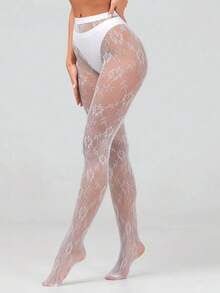 Quần legging lưới hoa co giãn cao cấp dành cho nữ cỡ lớn, quần skinny ren kiểu Gothic, tất lưới đen mỏng kiểu Y2K, sự lựa chọn hoàn hảo cho ngày Valentine. - trắng - Xem 2