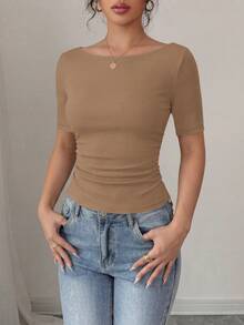 PRETTYGARDEN Womens Summer Short Sleeve Tops Boat Neck Ribbed Knit Slim Fit T Shirt Casual Basic Top Y2K Clothes - 淺卡其 - 查看 6