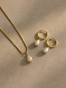 3pcs Non-Fading Fashion Women Teardrop & Water Drop Faux Pearl Jewelry Set (Earrings & Necklace), Suitable For Daily Wear,Summer,Jewellery - Gold - View 3