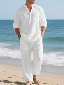 Men's Linen Casual 2 Piece Outfits Long Sleeve Lapel Shirt & Long Pants Set Loose Fit V Neck Tops Breathable Beach Vacation Daily Streetwear Arrival - 卡其色 - 查看 8