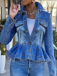 Damen Denim Jacke in Große Größen mit Einzelreihe, Falten, vielseitig für den täglichen Gebrauch - Blau - Übersicht 4