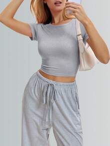 Speed mate Bộ đồ thể thao mùa hè 2026 dành cho nữ, gồm quần ống rộng và áo croptop xếp ly bên hông. - Xám - Xem 7