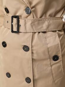 Women's Double-Breasted Long Trench Coat, Knee-Length, With A Detachable Hood, Belt And Buttons, And Pockets. Classic Cut, Casual Street Style. - Camel - View 6