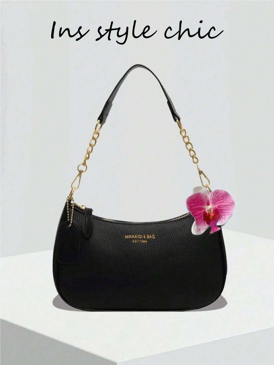 New Fashion Classic Wild Letter Decor Design Solid Color Waterproof PU Material Crescent Shoulder Bag/Underarm Bag, Suitable For Shopping And Crossbody Wear - Black - View 1