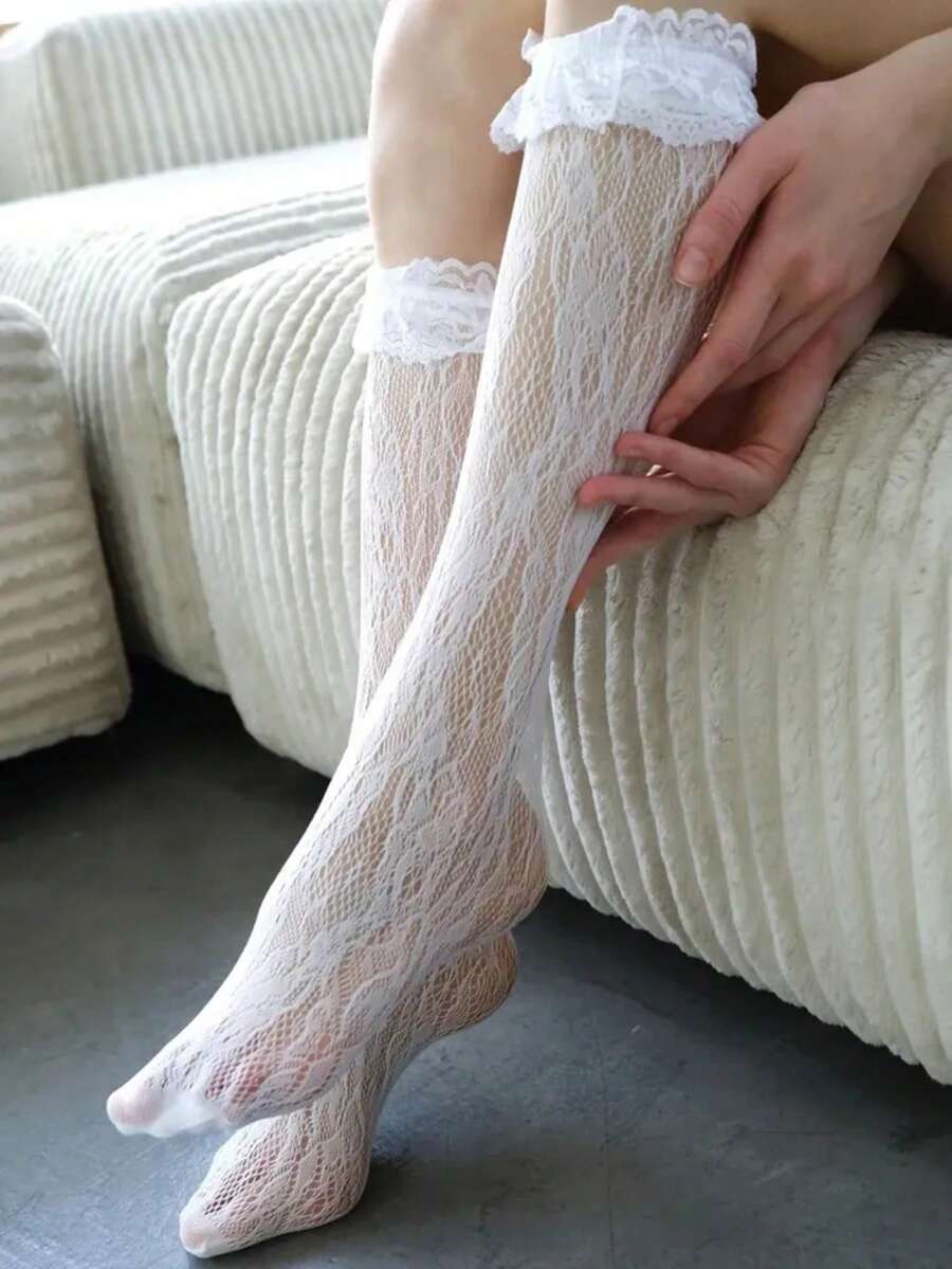 1双女士白色蕾丝边小腿袜/中筒袜，柔软透气，学生款，四季皆宜，日常穿着 - 白色 - 查看 1