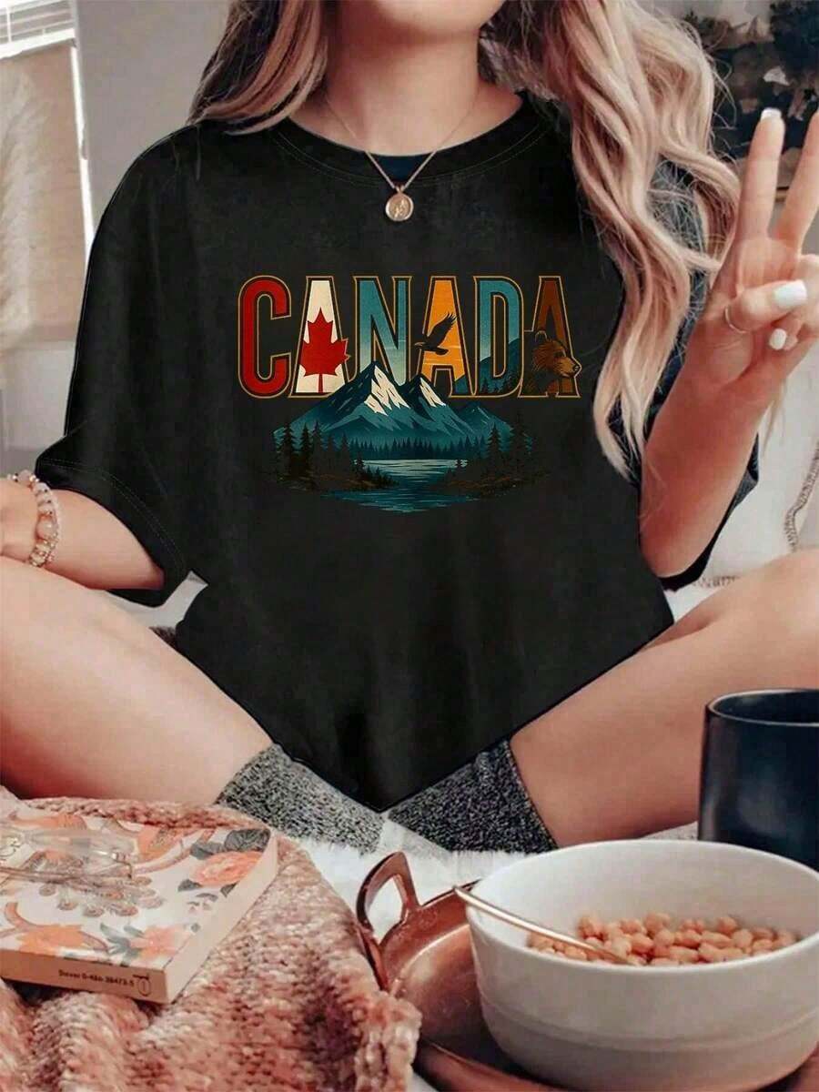 100% Cotton Canada - Mountains, Lake, Bear And Maple Leaf T-Shirt Shirt Women - màu đen - Xem 1