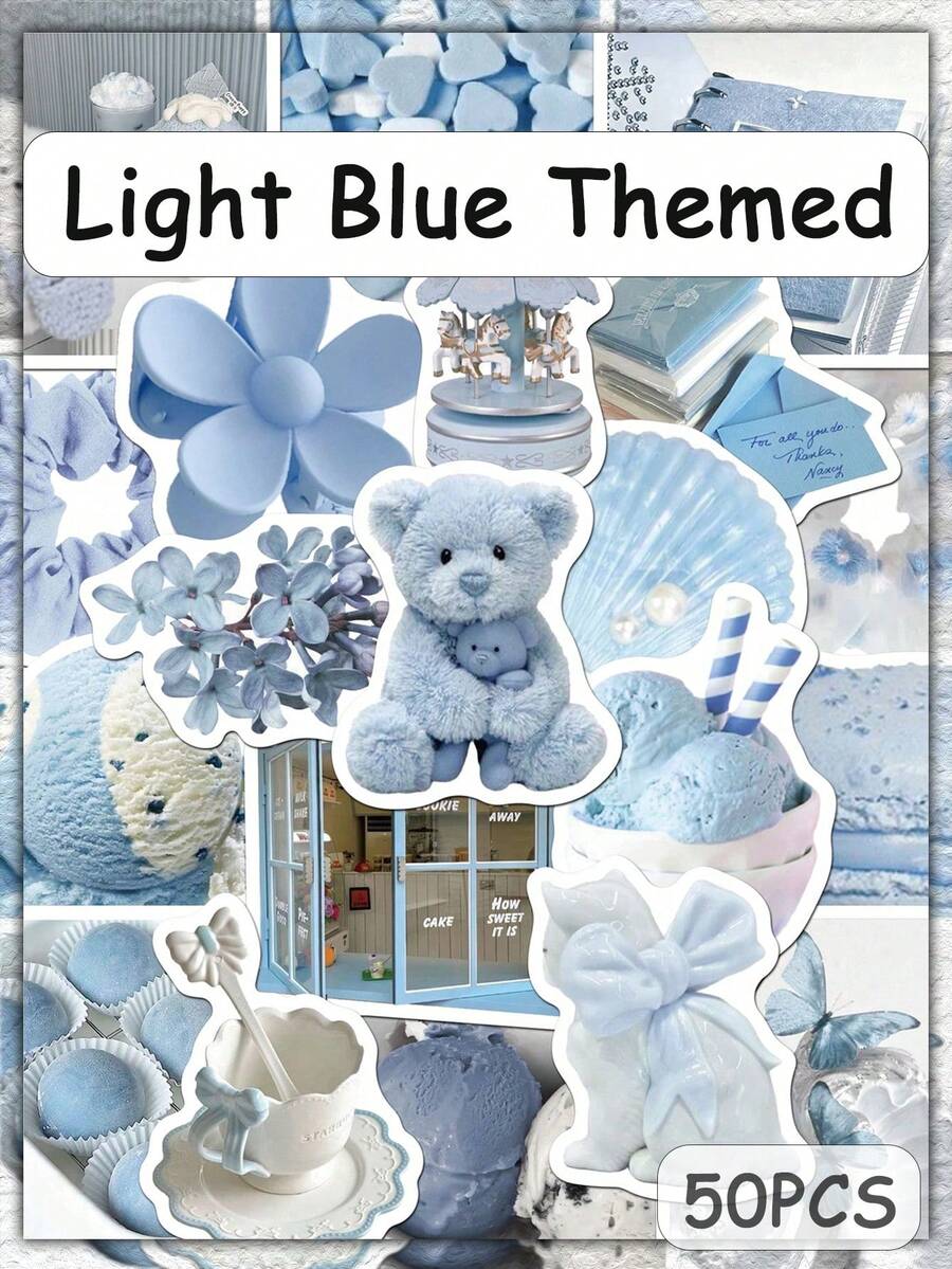 50pcs Light Blue Themed Stickers For Suitcase Skateboard Guitar Laptop Desktop Room Decor Graffiti Stickers - A - View 1
