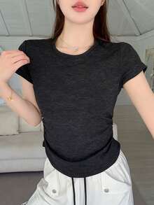 JUTUQU 全印花褶皱圆领修身做旧雪花水洗效果针织黑色T恤，休闲沙滩度假户外夏季穿着 - 2A66黑色 - 查看 4