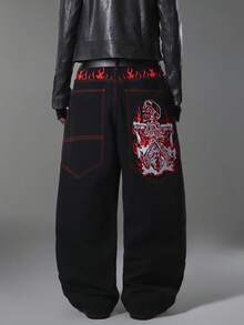 Jeans a gamba larga neri da uomo, design stile coreano con tasche grandi personalizzate, ricamo multicolore e cuciture a contrasto rosse, moda versatile per tutte le stagioni, pantaloni lunghi casual e comodi (cintura e accessori non inclusi) - nero - Visualizzare 7