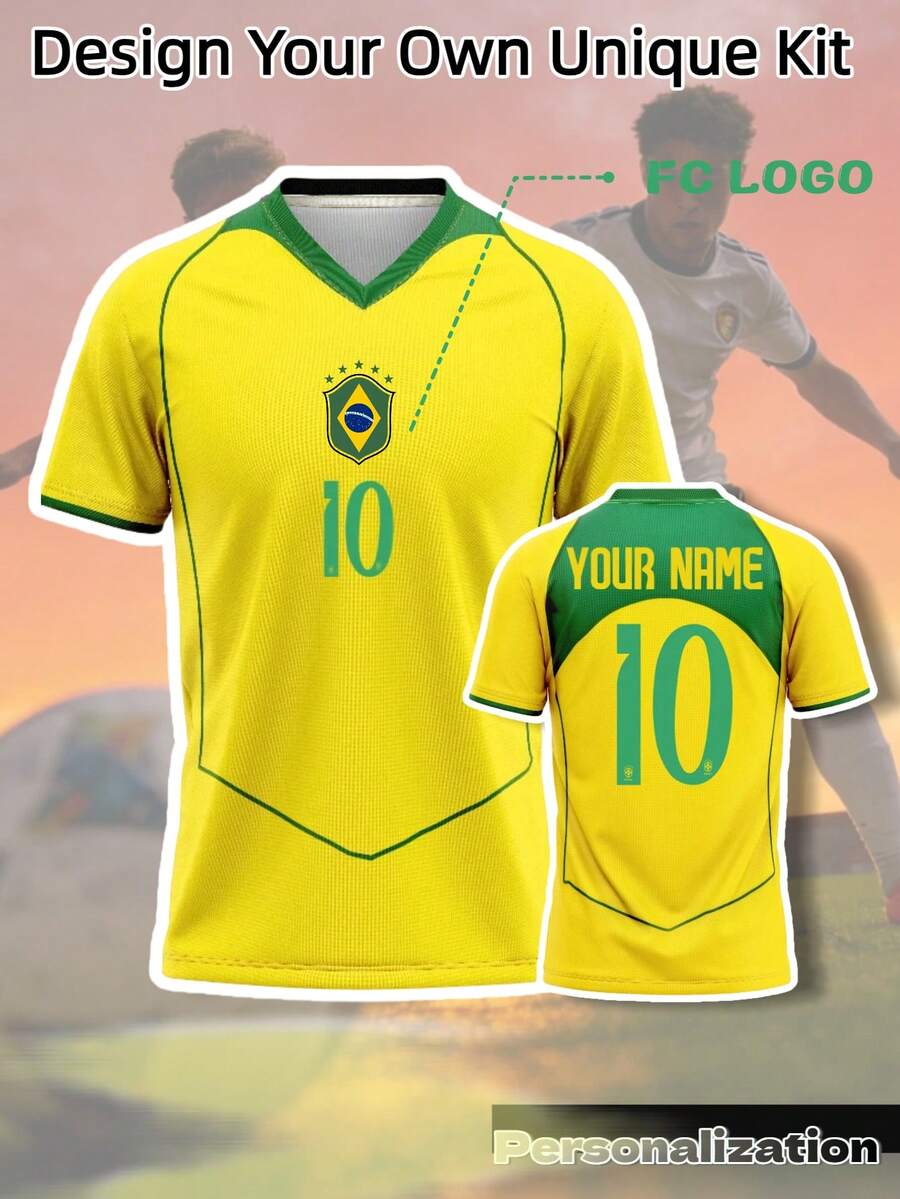 巴西风格黄绿复古定制足球球衣 | 可添加姓名、号码和队徽 | 专业透气运动衫 | 适用于2026年世界杯、训练、男士定制运动服，适合足球、篮球、排球比赛、训练和日常穿着，节日礼物 - 黃色 - 查看 1