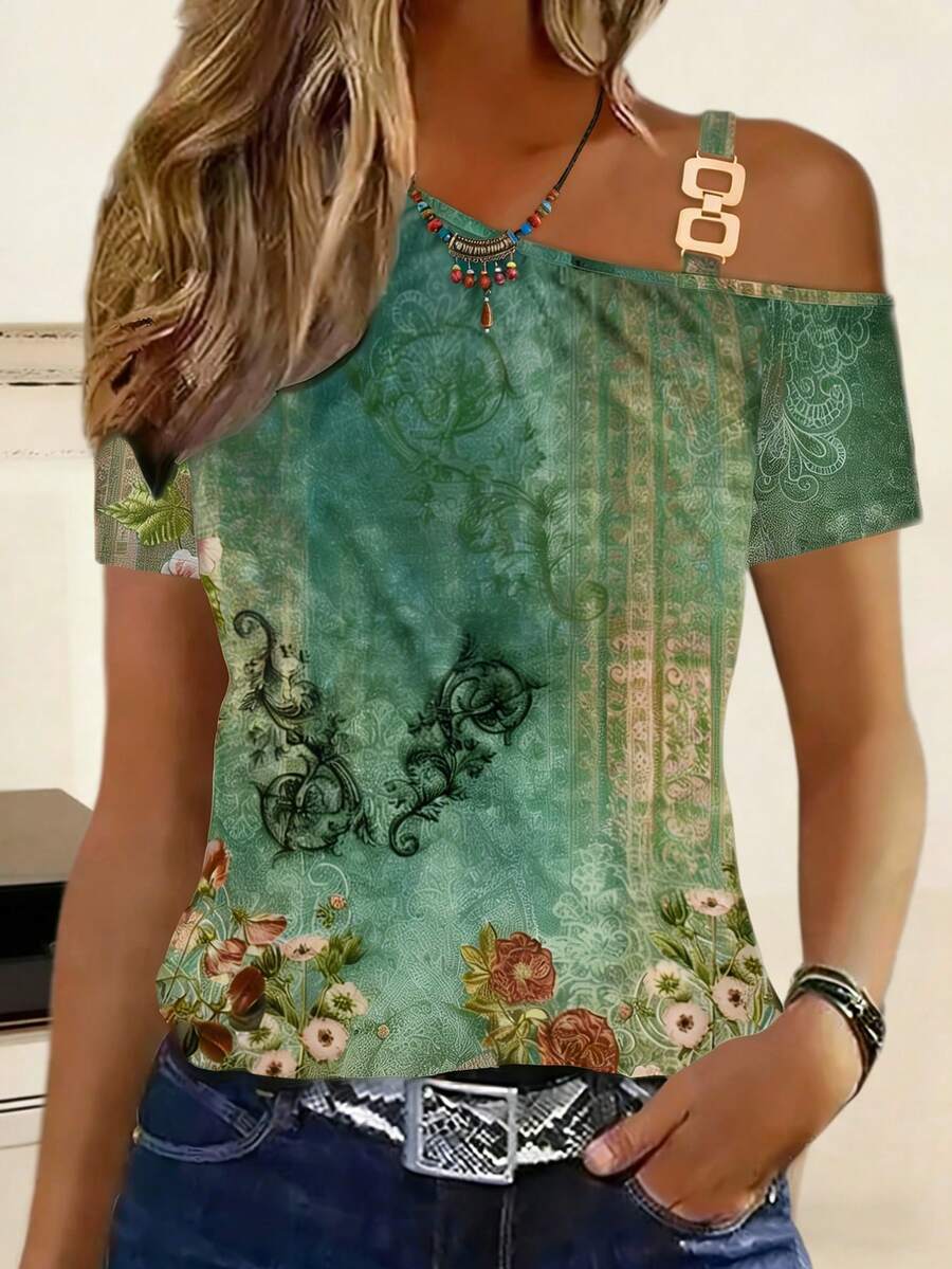 MOOSGOP Romantic Printed One-Shoulder Short Sleeve T-Shirt With Metal One Shoulder Buckle, Casual Sleepwear For Spring/Summer Vacation - Green - View 1