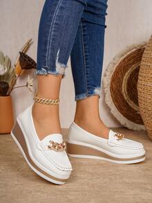 Women's Spring New Rhinestone Embellished Metal Chain Breathable Leather Upper Casual Wedge Heel Comfortable Slip-On Loafers - White - View 3