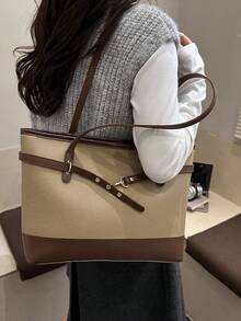 多功能黑色PU皮革手提包，配金色金属扣，适合办公室、学校、工作、商务、通勤、户外活动、旅行和郊游。 - 卡其色 - 查看 3