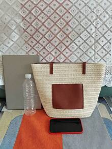 Túi tote lớn đan bằng rơm dành cho nữ, túi du lịch biển thời trang, túi đeo vai rộng rãi đa năng kèm khăn quàng cổ. - Màu be - Xem 8