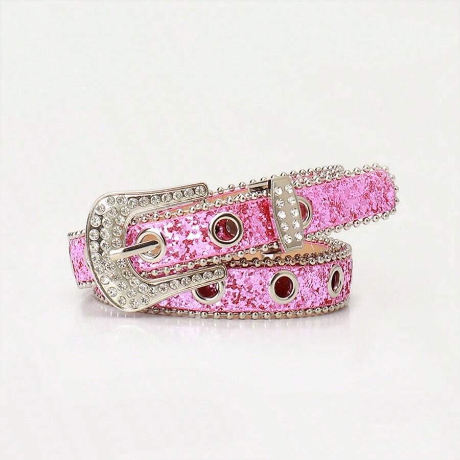 1pc Women's Rhinestone & Hollow Sequin Y2K Style Belt, Suitable For Halloween, Summer, School Autumn Occasions - Hot Pink - View 1