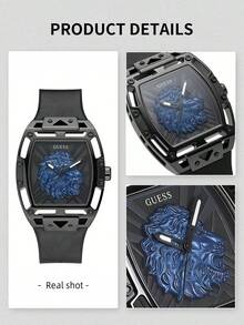 Guess Reloj de hombre con esfera azul con león en relieve, correa de silicona negra, caja de carcasa hueca de cuarzo, reloj deportivo de moda urbana y estilo hip-hop, adecuado para hombres, regalo de cumpleaños, aniversario perfecto para padre, amigo, esposo - Negro - Ver 7
