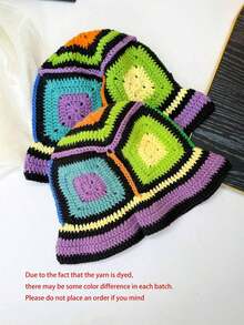 1pc Y2K Style Handmade Floral Crochet Fisherman Hat For Women, Colorful Hollow Knitted Fisherman Hat Suitable For Casual, Vacation, Boho Street Style (Random Patchwork) - Bát quái - Xem 11