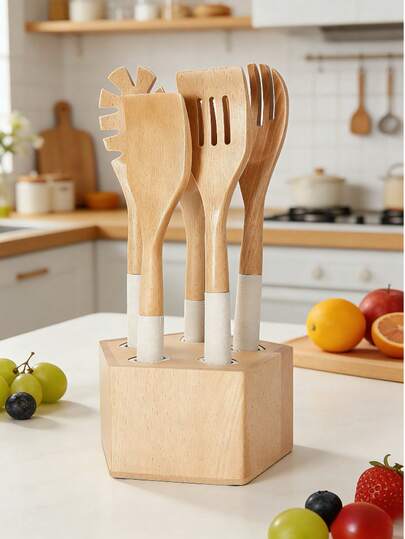 5pcs Premium Natural Wooden Cooking Utensils Set - Soup Ladle, Pasta Server, Slotted Spoon, Serving Spoon, Salad Fork, Cooking Spatula, Cooking Spoon. Suitable For Cooking Soup, Steak, Milk, Dessert, Grains, Kitchen, Outdoor, Restaurant, Heat Resistant, Easy To Clean, Essential Kitchen Gadgets, Mother's Day Gift, Holiday Gift