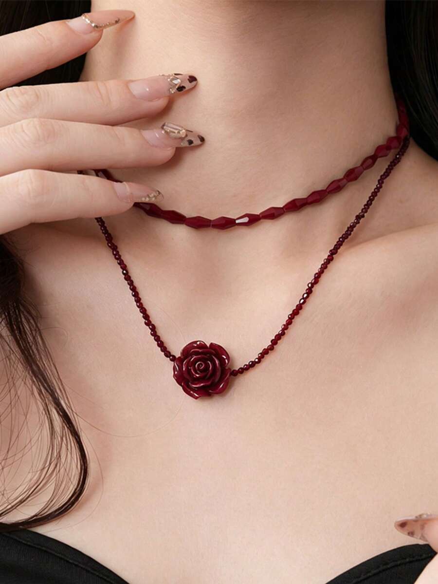 1pc Vintage French Red Rose Double Layer Necklace For Women, Niche Design Choker, Clavicle Chain, - Necklace - View 1