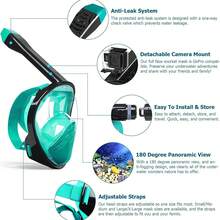 Full Face Snorkel Mask, 180° Panoramic Breathing System, Adjustable Strap And Action Camera Mount, Beach Essential, Swimming Pool Floats - Black Green - View 2