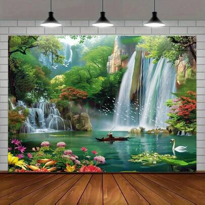 1 stuk levendig watervallandschap wandtapijt - Polyester kunstachtergrond met meer, groen en majestueuze waterval, geschikt voor huis-, feest- en vakantiedecoratie, geen elektriciteit nodig, fotostudio rekwisiet, feestachtergrond | Rustig landschap | Gedetailleerde textuur, watervaldecoratie