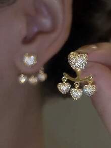 一对优雅奢华的心形流苏吊坠耳环，小众设计，铜质镶嵌锆石，适合女士宴会、舞会、婚礼、节日佩戴 - 金黃色 - 查看 3