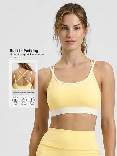 Sodalemon Áo ngực thể thao nữ kiểu dây chéo lưng, thích hợp tập gym, yoga, chạy bộ, tập luyện thường ngày, phối màu tương phản, co giãn, có đệm mút, dành cho tập luyện thể thao.