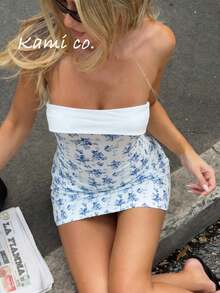 Kami Co. Party elegantes französisches blaues Blumen-trägerloses figurbetontes Minikleid, geeignet für Date Night und Homecoming Dance, Top - Babyblau - Übersicht 3